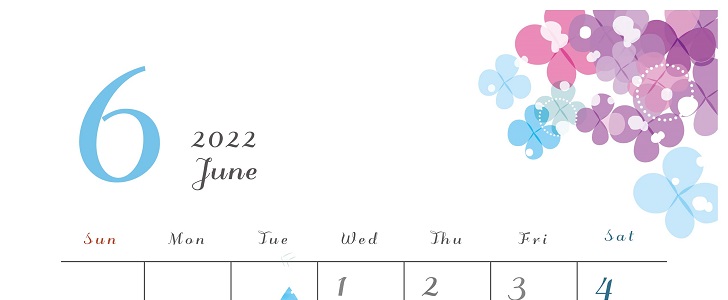 A4サイズ/カラフルな紫陽花で梅雨の時期でも気分晴れやか♪2022年/令和4年[6月]の無料マンスリーカレンダー