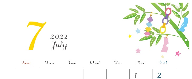 シンプルで見やすい2022年7月のマンスリーカレンダー
