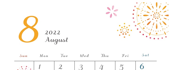 フリーイラスト素材の2022年8月マンスリーカレンダー