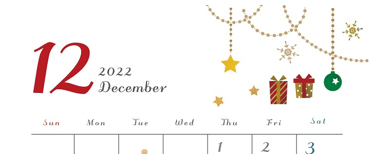 A4フリーイラスト素材の2022年12月マンスリーカレンダー