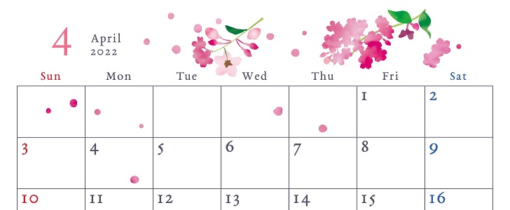 2022年4月の無料マンスリーカレンダー★グラデーションカラーの桜がキレイ！予定の書き込みもできるA4横長サイズ！