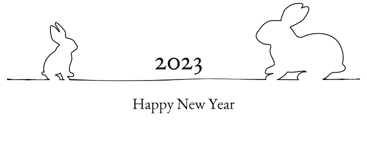 モノクロ線画がおしゃれ！シンプルな「年賀状」2023年干支のうさぎデザイン・透過PNGでアレンジ可能♪無料テンプレート